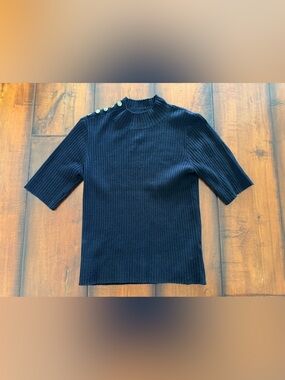 Elie Tahari Black Ribbed Mock-Neck Sweater with Shoulder Buttons
